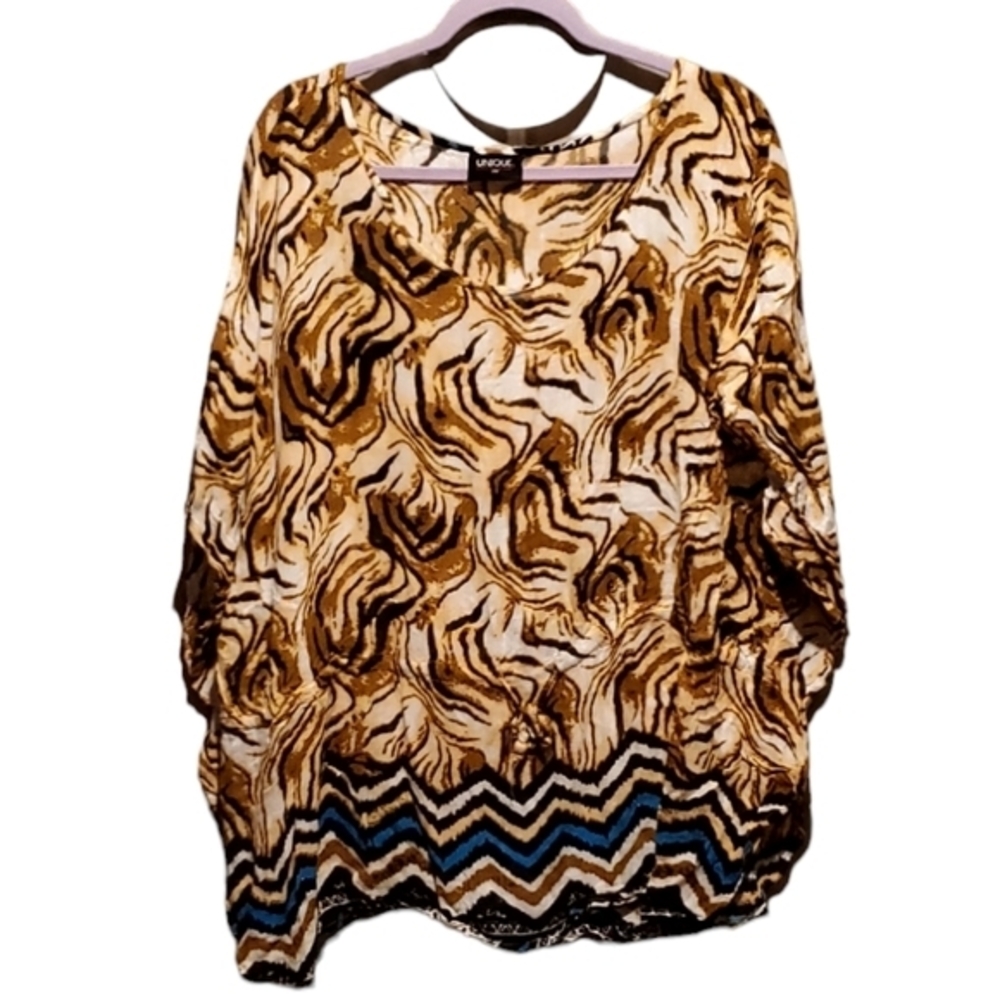 Unique‎ Spectrum Sheer Coverup Blouse Top Tan Blue Pullover Plus Size 2X Women